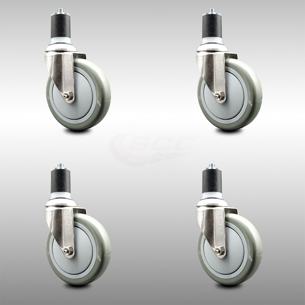 5 Inch 316SS Gray Polyurethane Swivel 1-3/4 Inch Expanding Stem Caster Set SCC